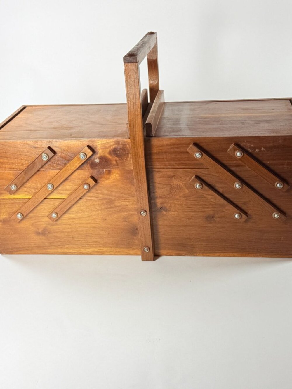 Vintage Wooden Accordion Style Expandable Sewing Box Organizer Storage With Hand